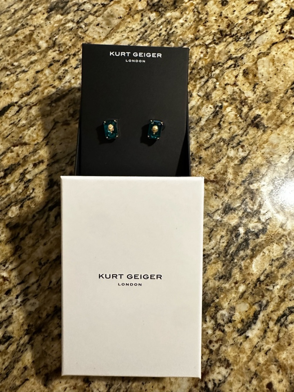 Kurt Geiger Emerald Teal Crystal Stud Earrings with Gold Detail - Picture 3 of 8